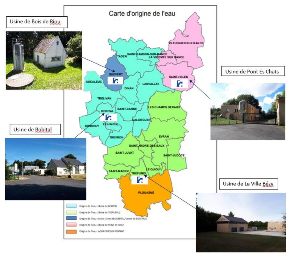 Les 4 usines de production d'Eaux de Dinan et les secteurs desservis